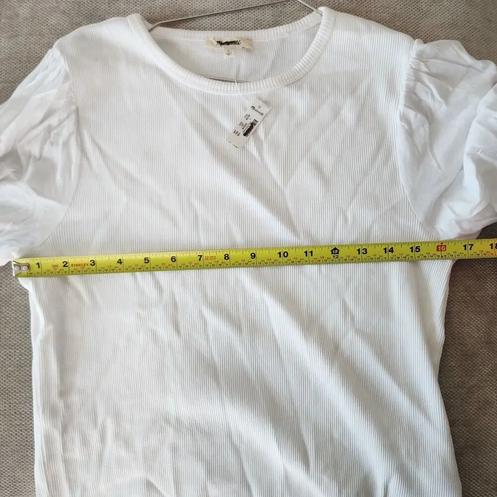 Madewell Large White Ribbed Puff Sleeve Top NWT‎